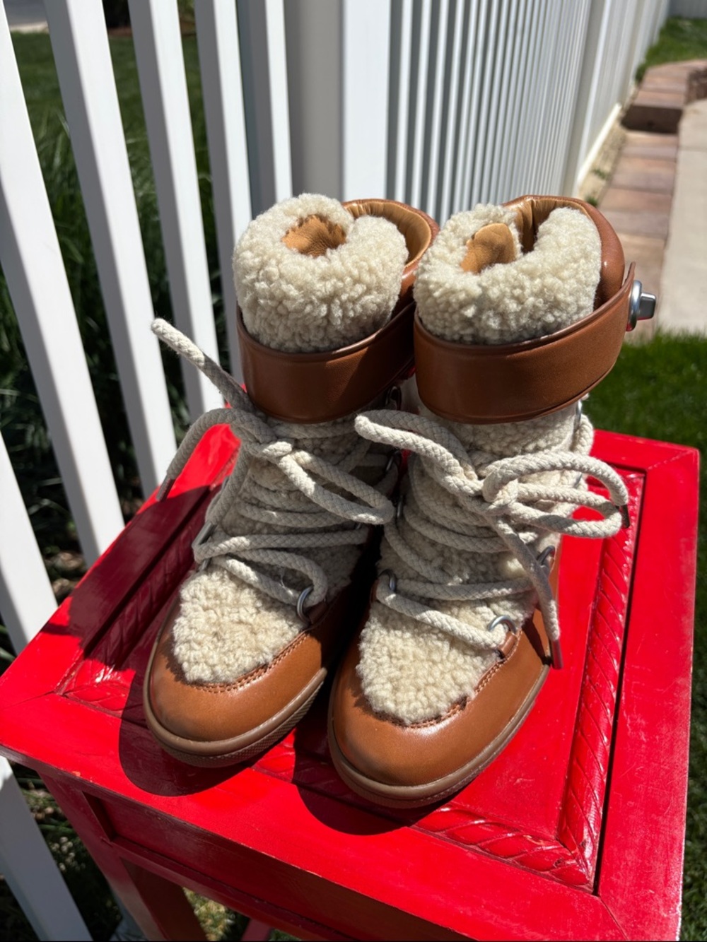 Coach Tan Shearling Monroe Wedge Booties, NWOB, Size 7.5 - Picture 4 of 7